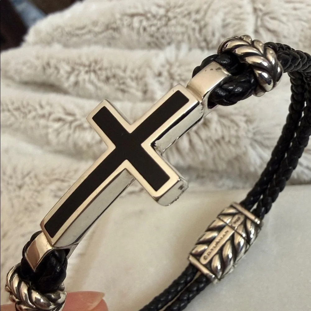 David Yurman Black Leather Bracelet with Silver Cross Accent